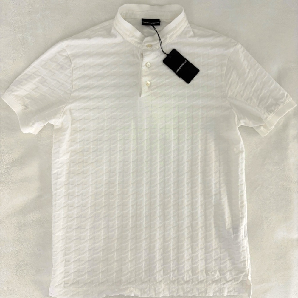 EMPORIO ARMANI Half Collar Patterned Polo (Size: SMALL) in White MSRP $325 - Picture 2 of 7